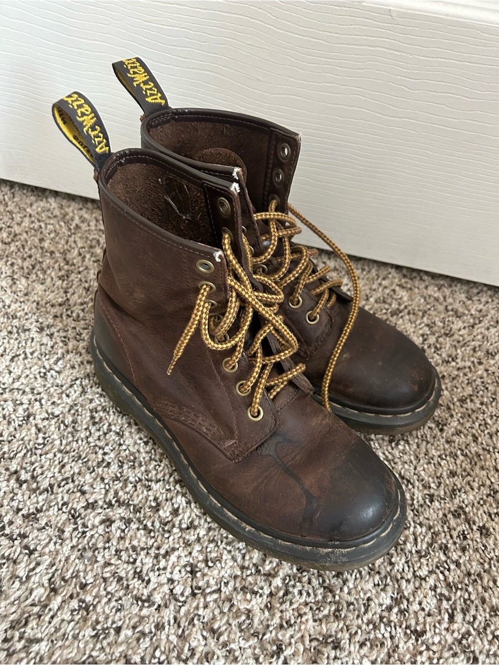 Dr. Martens Brown Leather Lace-Up Boots with Yellow Accents